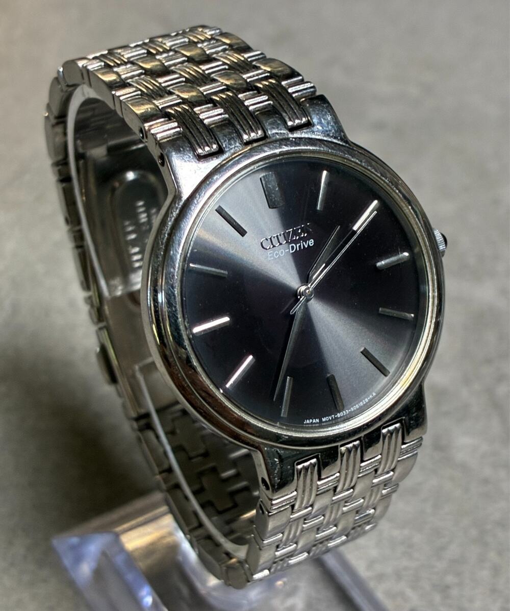 Citizen Eco-Drive Men's Slim Dress SS Watch Silver-Tone Black Dial 6.5" Working